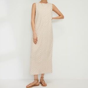 Everlane The Linen Bias Cut Dress Size 8 Striped Bone Caramel Ivory Beige Midi